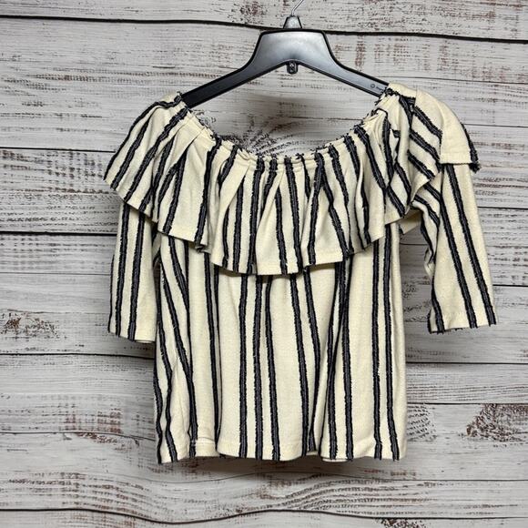 Banana Republic Striped Off-Shoulder Ruffle Stripe Top Small Cream Navy - Picture 4 of 8